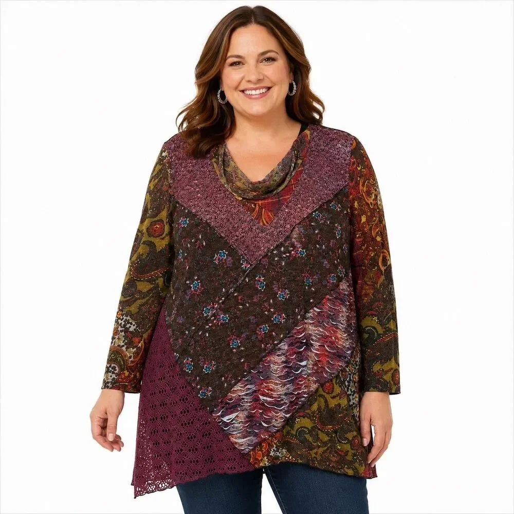 Ali Miles Tunic Blouse Womens XL Multicolor Paisley Cowl Neck Long Sleeve Top